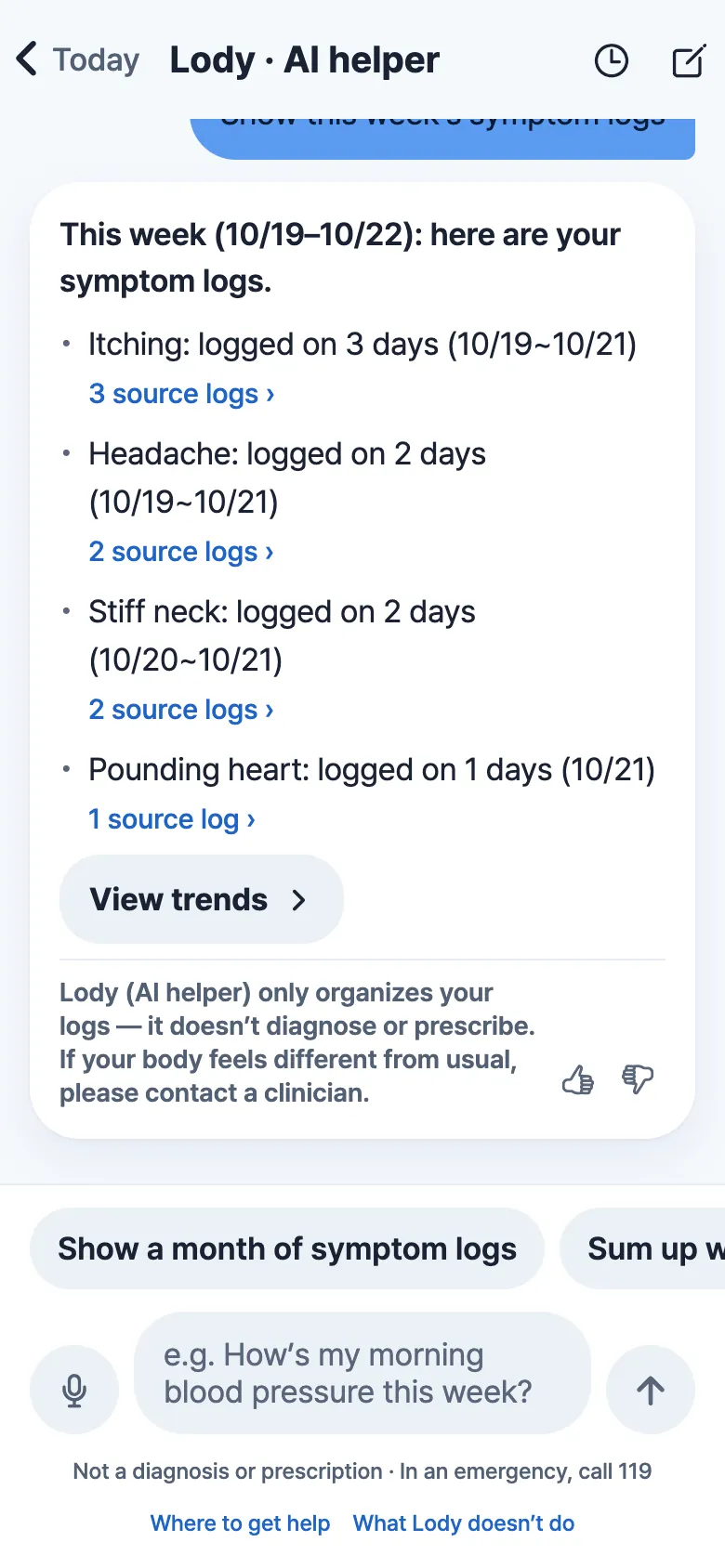 Lody chat: this week’s symptom logs summarised by days logged, each with source-entry links (sample data).