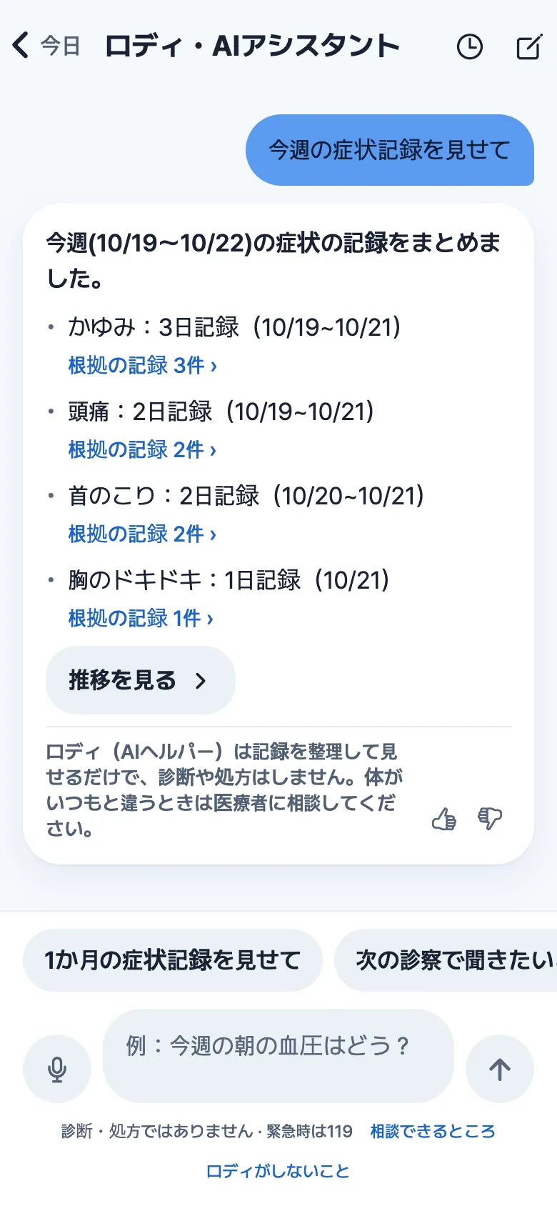 ロディとの会話。今週の症状記録を日数でまとめ、根拠の記録へのリンクを添えた答え(サンプルデータ)。