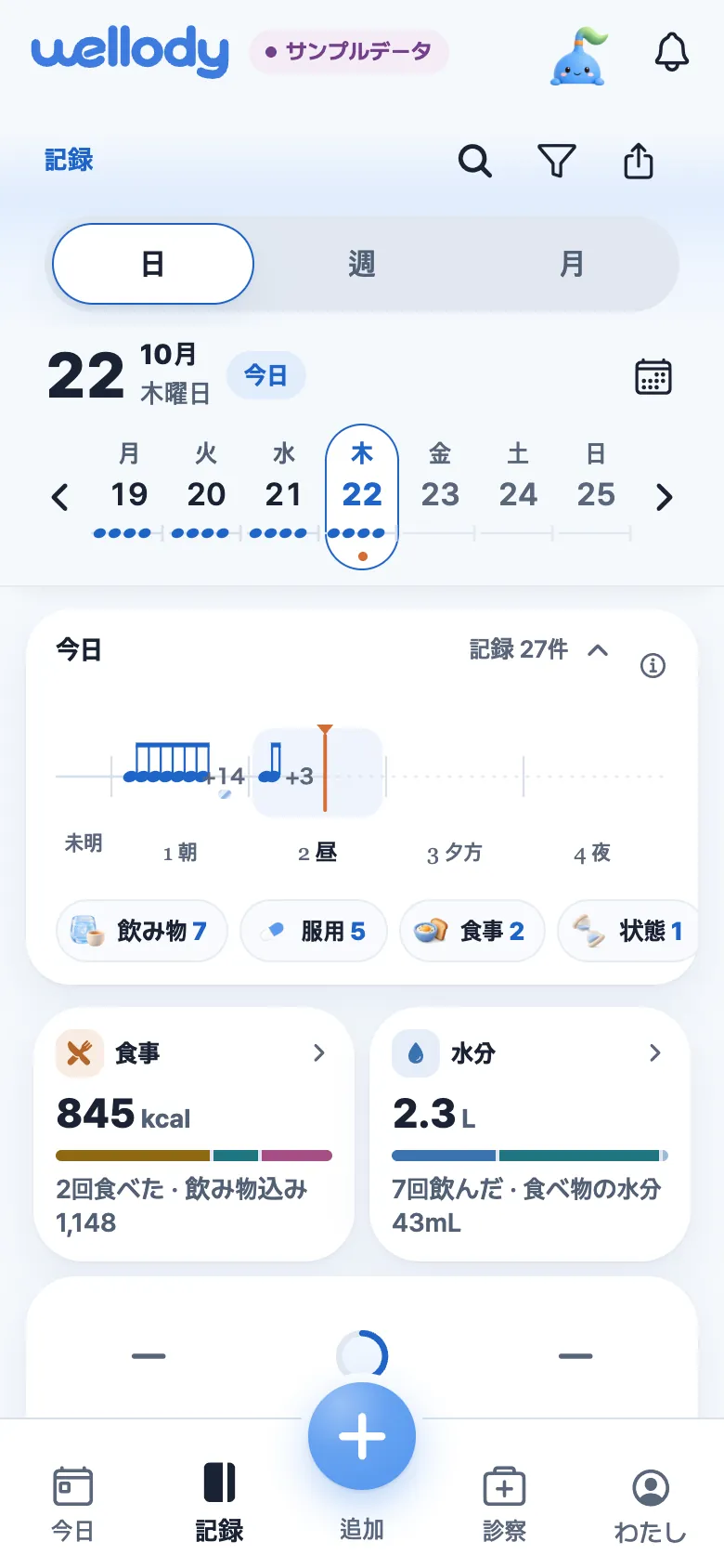 記録タブの日表示。今日の流れの図、種類ごとの件数、食事845kcal・水分2.3L(サンプルデータ)。