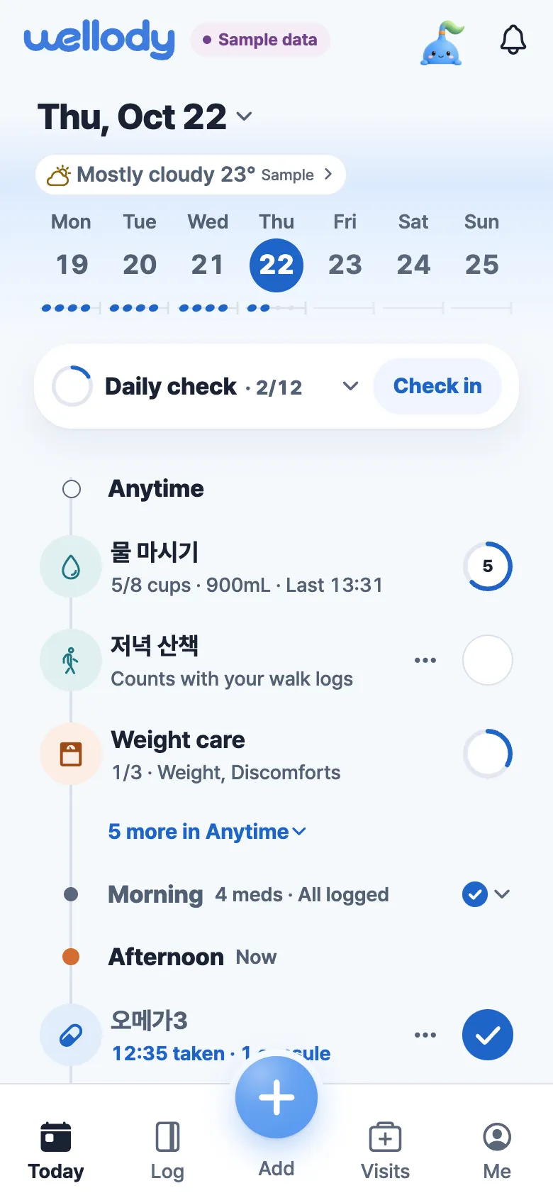 Today screen with the daily check, water and an evening walk under Anytime, four morning medications all logged, and an omega-3 at midday (sample data).