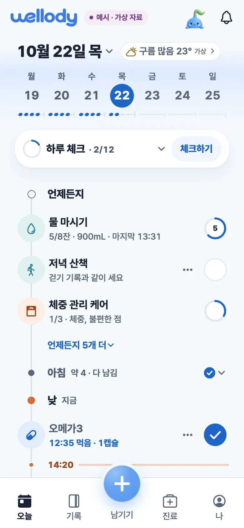 오늘 화면. 날짜와 이번 주 띠, 하루 체크, 물 마시기와 약 목록(예시 자료).